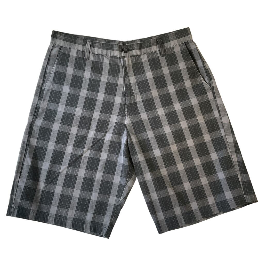 Burnside Men Shorts 36 Gray Plaid Bermuda Button 11" Inseam Casual
